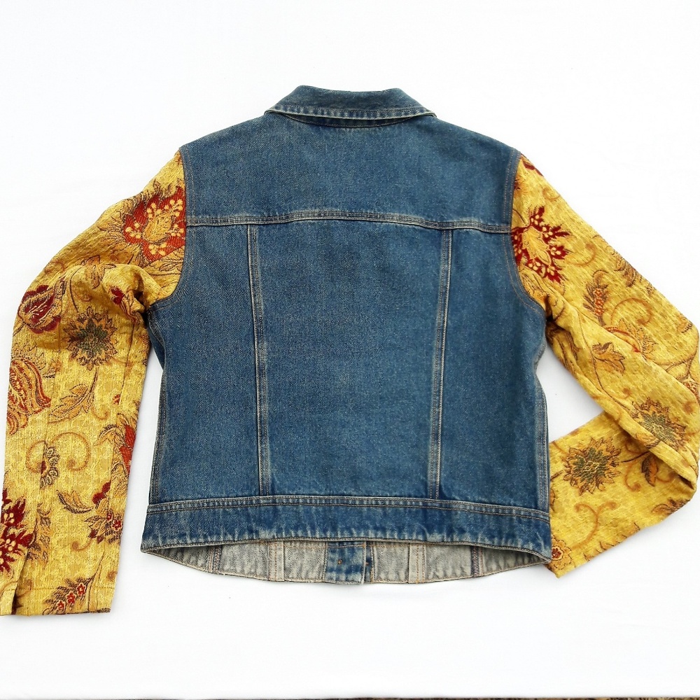 dup CAbi Jean Denim Jacket Gold Tapestry Brocade Sleeves Pockets S - Picture 4 of 8